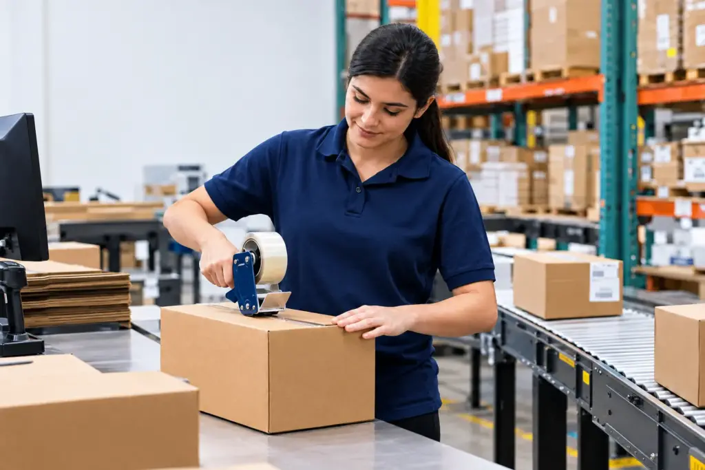 Ecommerce order packing at a fulfillment center.