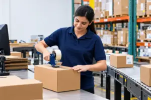 Ecommerce order packing at a fulfillment center.