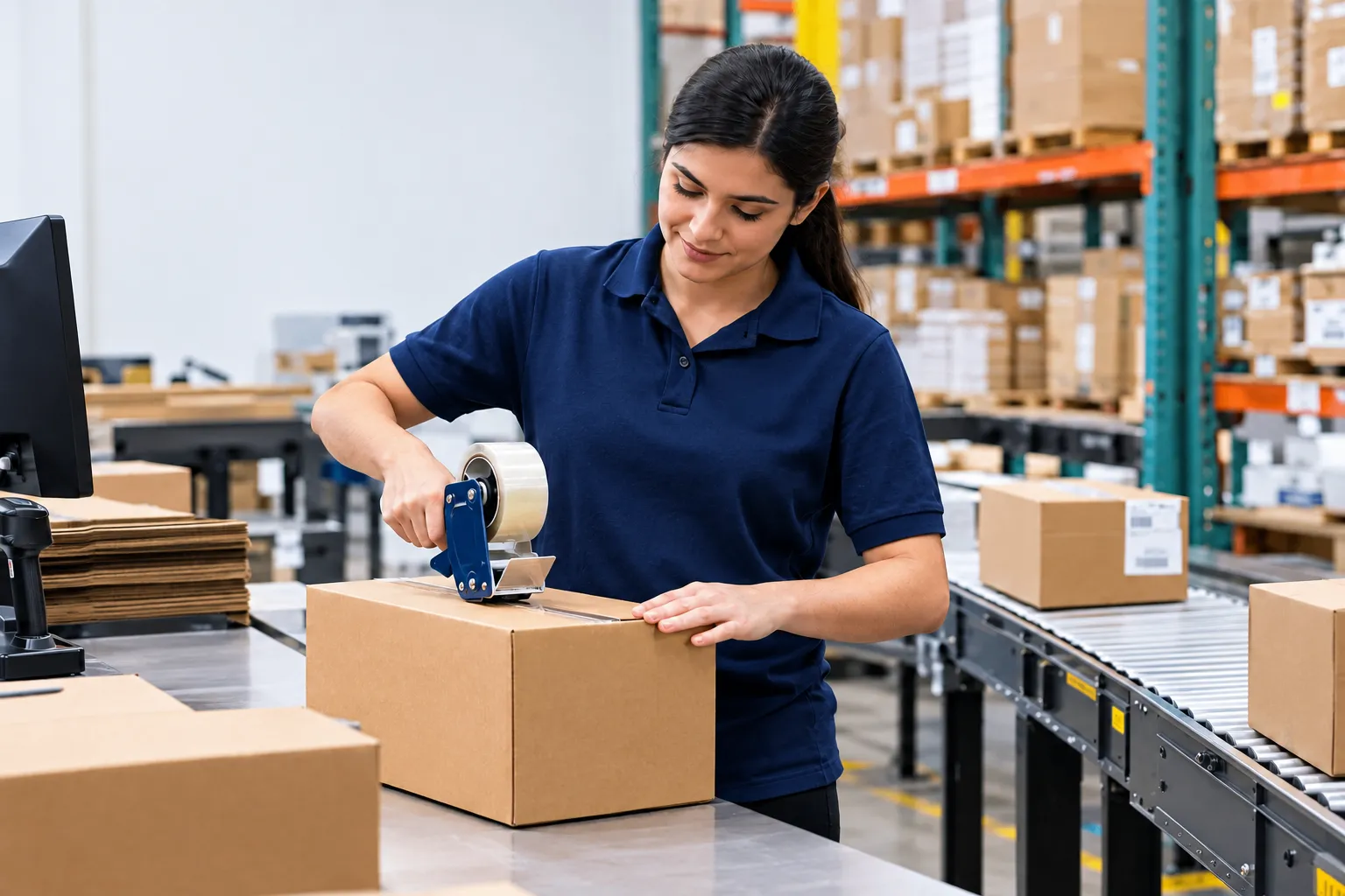 Ecommerce order packing at a fulfillment center.